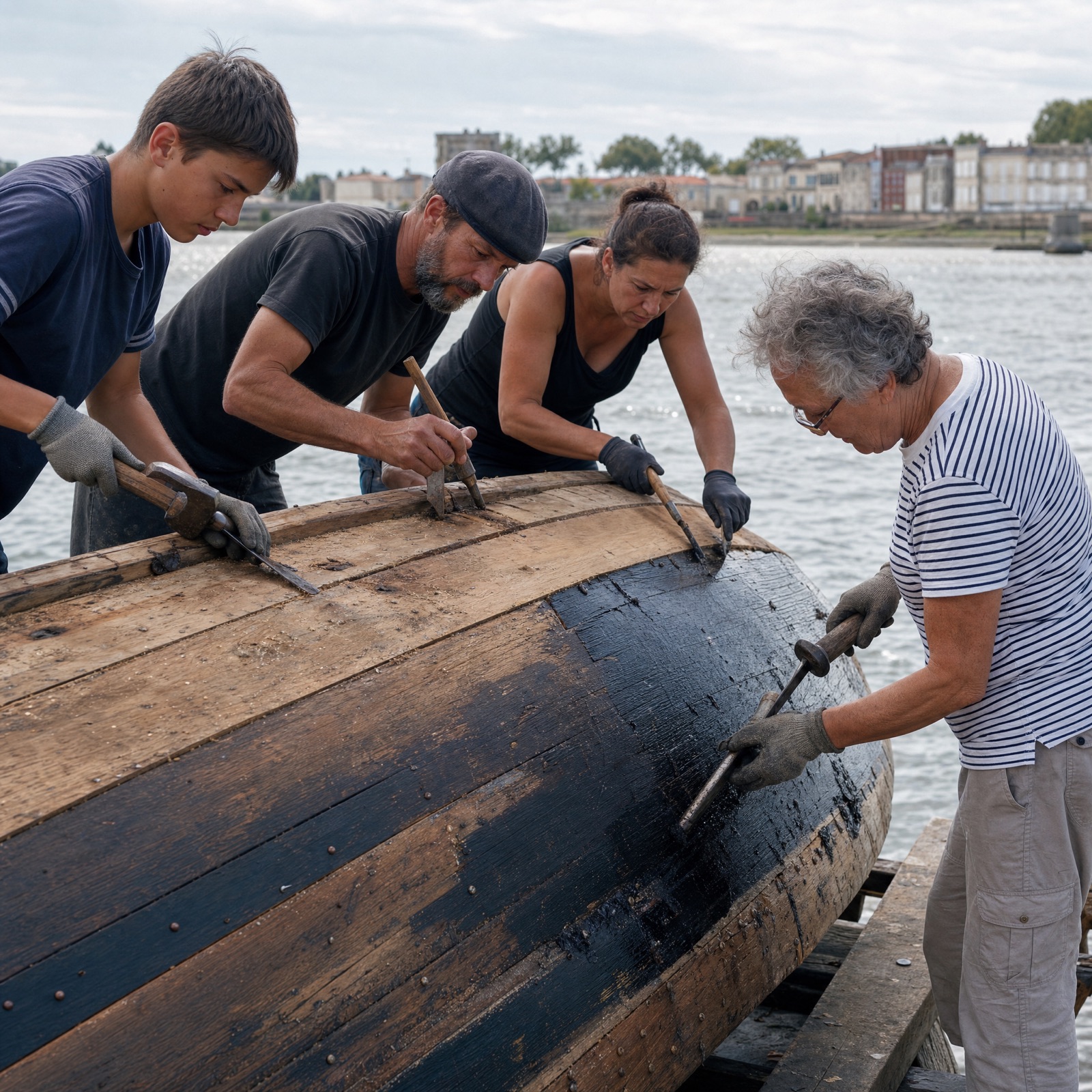 Mise à l'eau d'un gabaret restauré sur les quais de Blaye